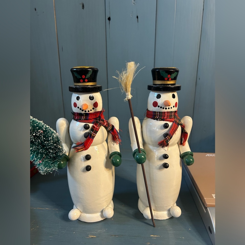 Vintage Snowman Decor with Black Hats and Red Plaid Scarves - Candle Holders